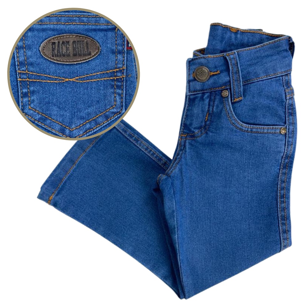 Calça Jeans Infantil Feminina Menina Race Bull Original Azul Claro Delavê Folgada com Lycra Cowgirl Ideal pra Rodeio Ref: 023 DV