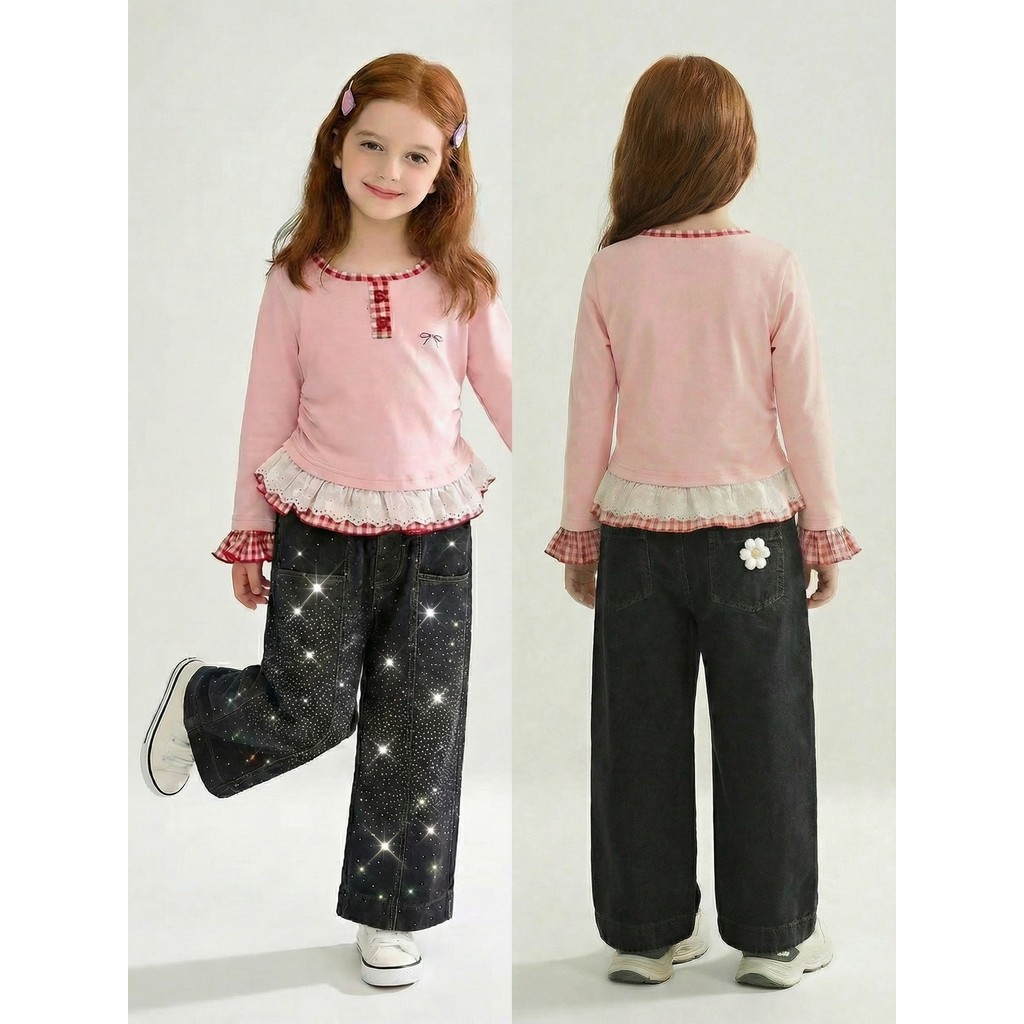 Jeans Folgados De Cristal Preto Y2K Streetwear Meninas Adolescentes Outono Inverno