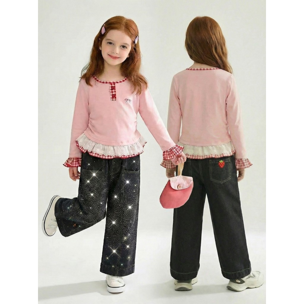 Jeans Folgados De Cristal Preto Y2K Streetwear Meninas Adolescentes Outono Inverno