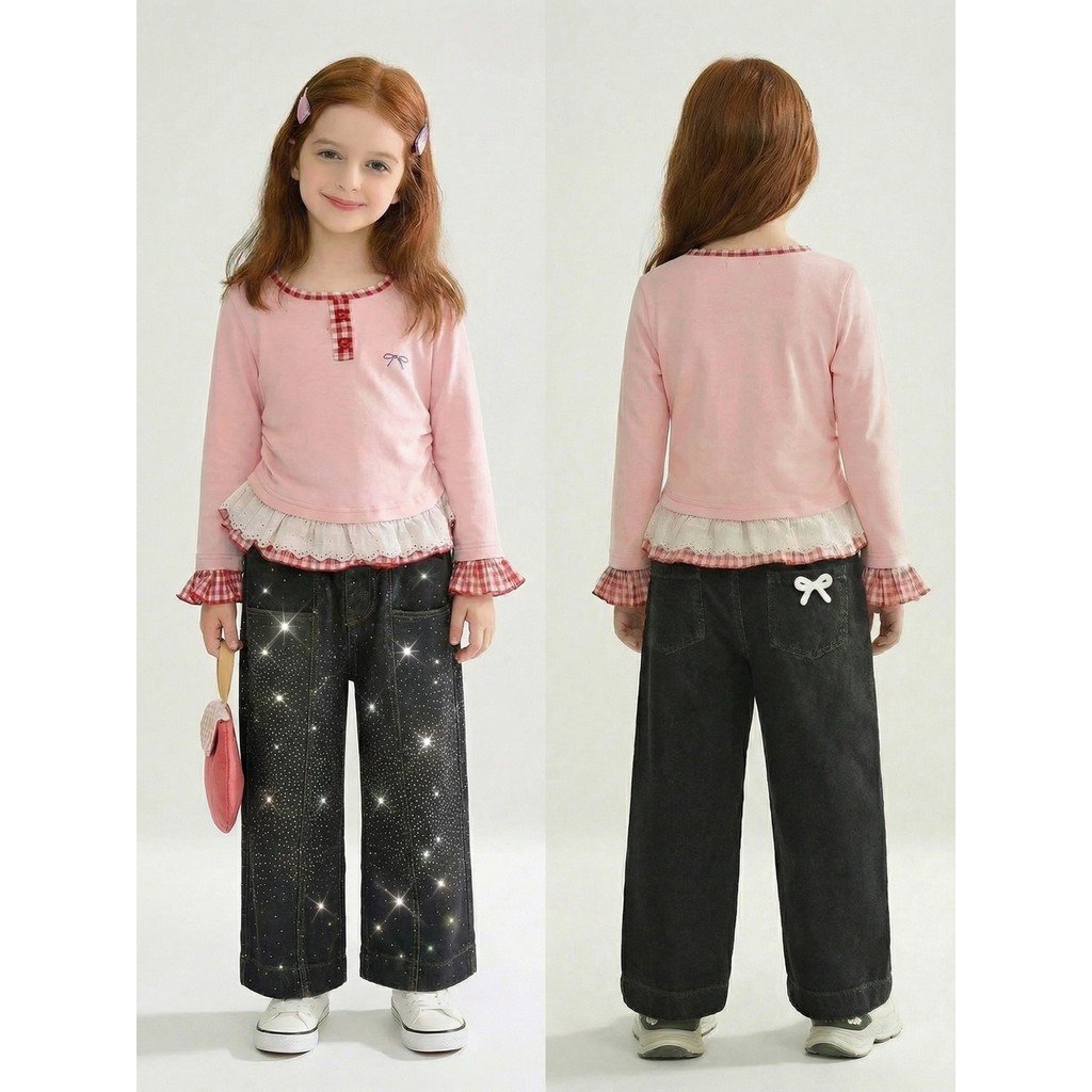 Jeans Folgados De Cristal Preto Y2K Streetwear Meninas Adolescentes Outono Inverno