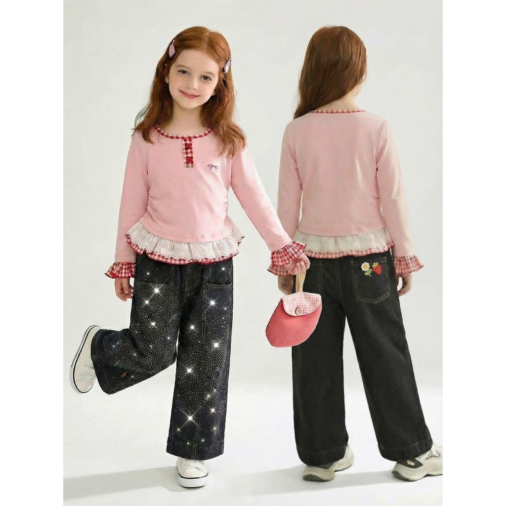 Jeans Folgados De Cristal Preto Y2K Streetwear Meninas Adolescentes Outono Inverno