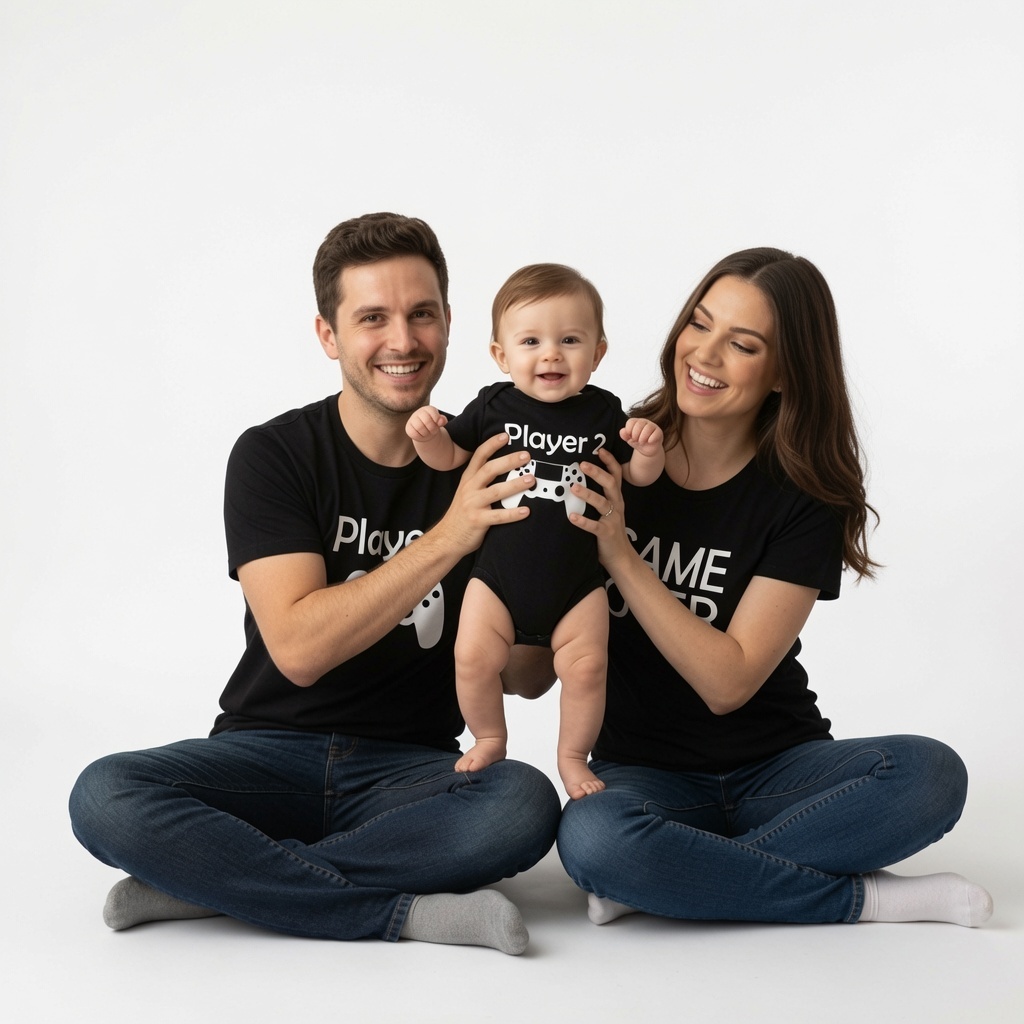 Kit Família 3 Camisetas Gamer Player 1 2 Game Over - Ideal para Dia dos Pais, Mesversário e Ensaios Fotográficos