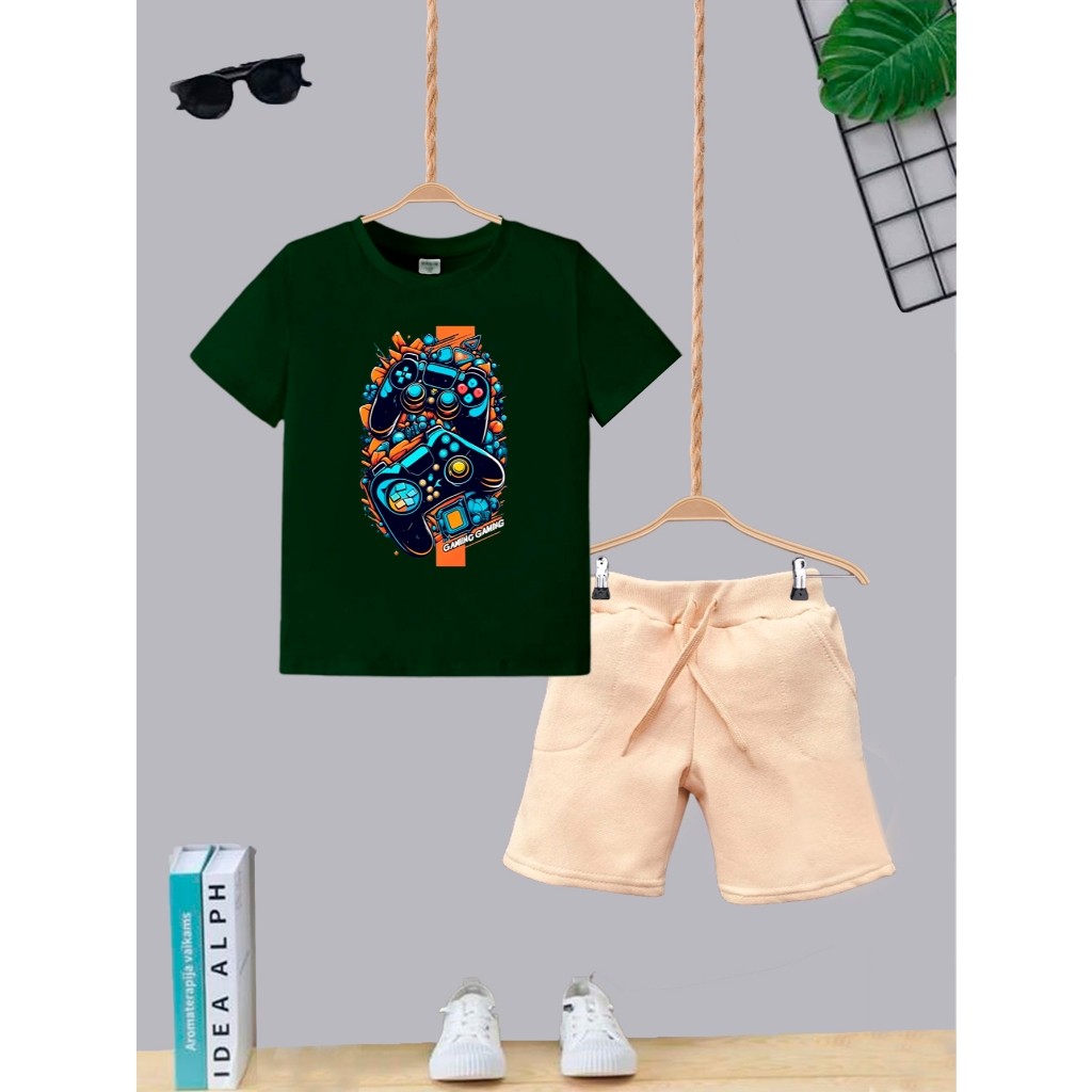 Conjunto Bermuda Bege Com Bolso + Camiseta Algodão Game Play Controle Moda Infantil Kids Juvenil