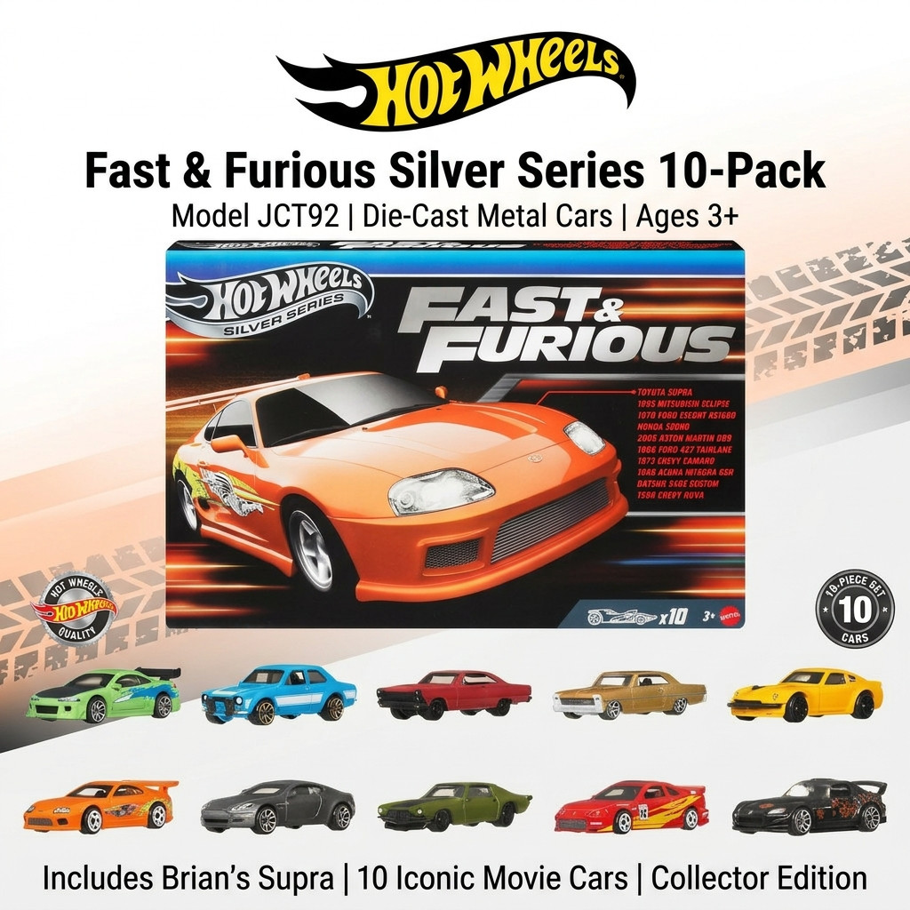 Hot Wheels Fast & Furious 10-Pack Diecast Cars Set JCT92 Brian Supra Eclipse Toy 3+