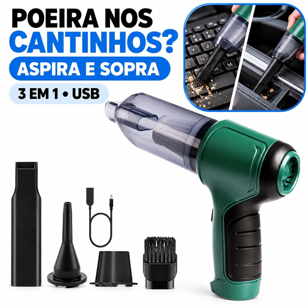 Mini Aspirador e Soprador 3 em 1 Recarregável USB com Acessórios