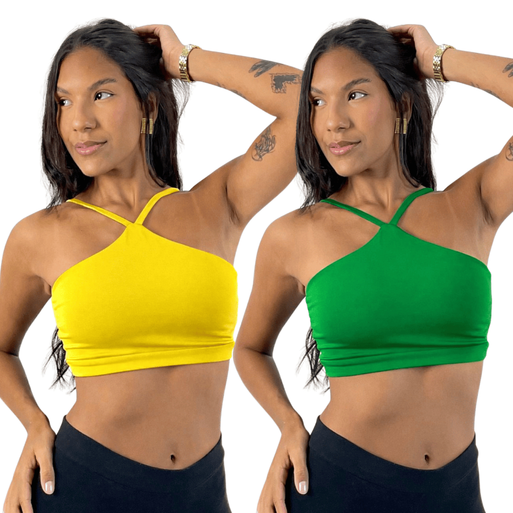 KIT 2 Top Cropped Esportivo Fitness Frente Única Brasil Feminino em Suplex Premium com Tecido Duplo