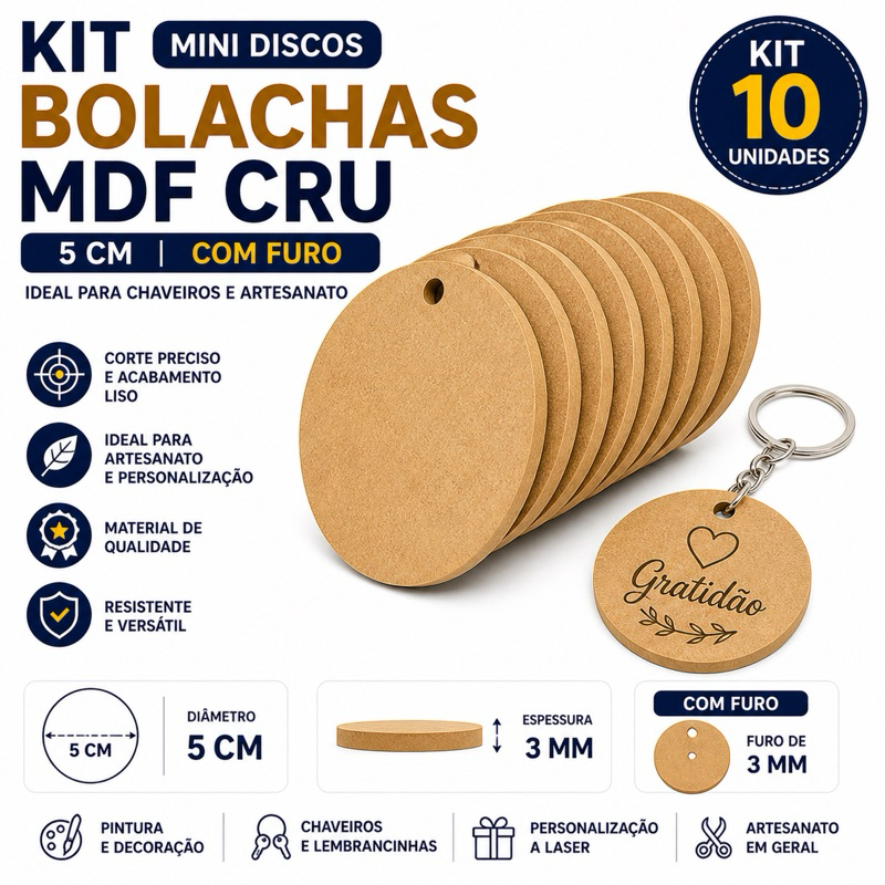 KIT 50 unid. Mini Discos Bolachas MDF 5 cm Chaveiro c/ furo