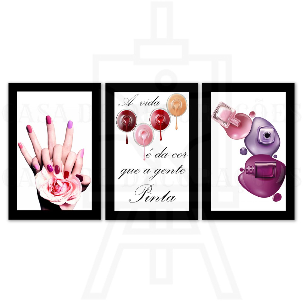 Kit Quadros Decorativos Mosaico 3 Peças Manicure Pedi cure Esmalte Unha Salão de Beleza Mulher Modelo Sala Quarto Salão Colorido Abstrato Flor Rosa Moderno Frase A Vida É Da Cor Que A Gente Pinta