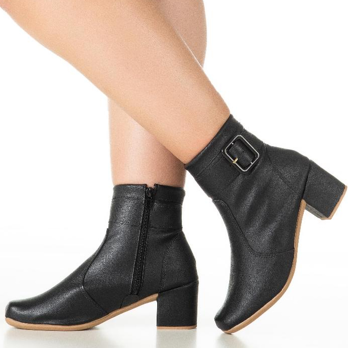Bota Feminina Coturno Salto Alto Grosso Bico Quadrado Confortável Cano Curto Zíper