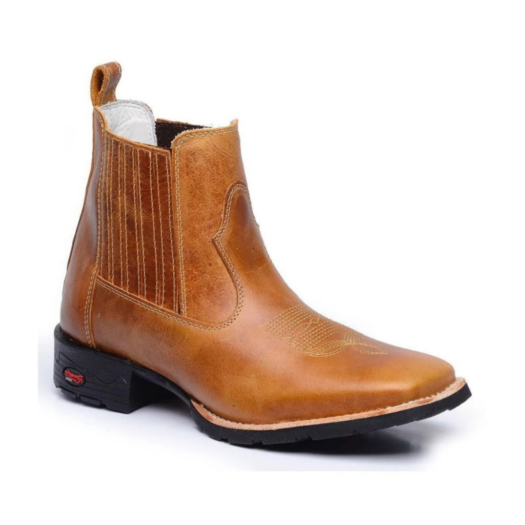 Botina Texana Couro Legítimo Amarelo Sem Bordado Solado Borracha Jump Costurado Bico Quadrado