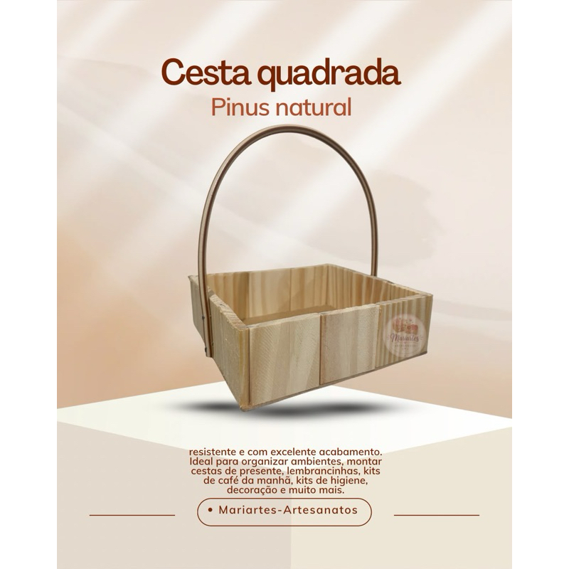 Cesta de Madeira Pinus Quadrada com Alça | Cesta para Café da Manhã, Presentes, Lembrancinhas e Decoração