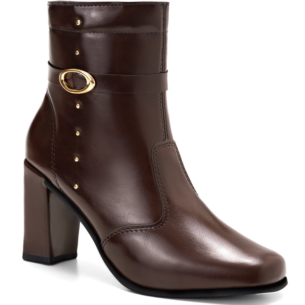 Bota Feminina Lumiss Cano Curto Salto Alto Bloco Bico Quadrado Rebite Dourado