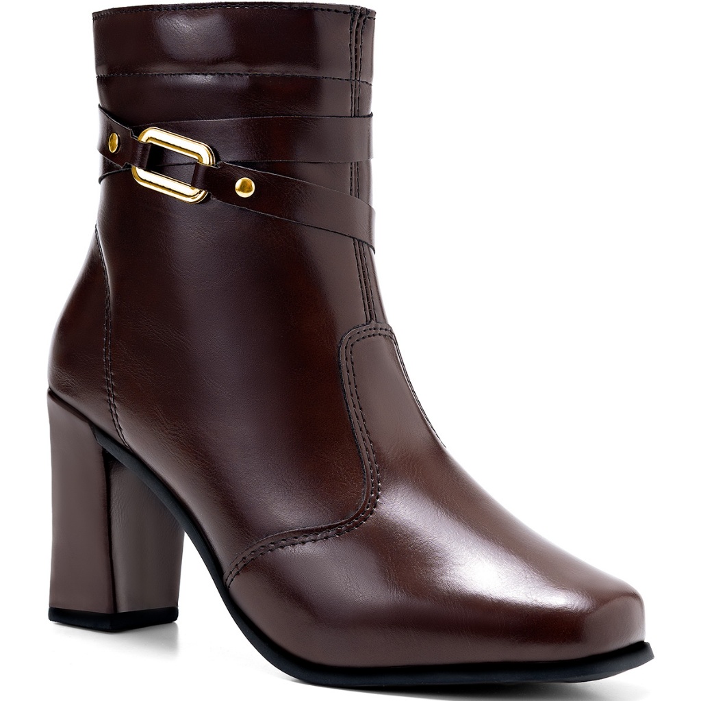 Bota Feminina Lumiss Cano Curto Salto Alto Bloco Bico Quadrado Passante Fivela Metálica