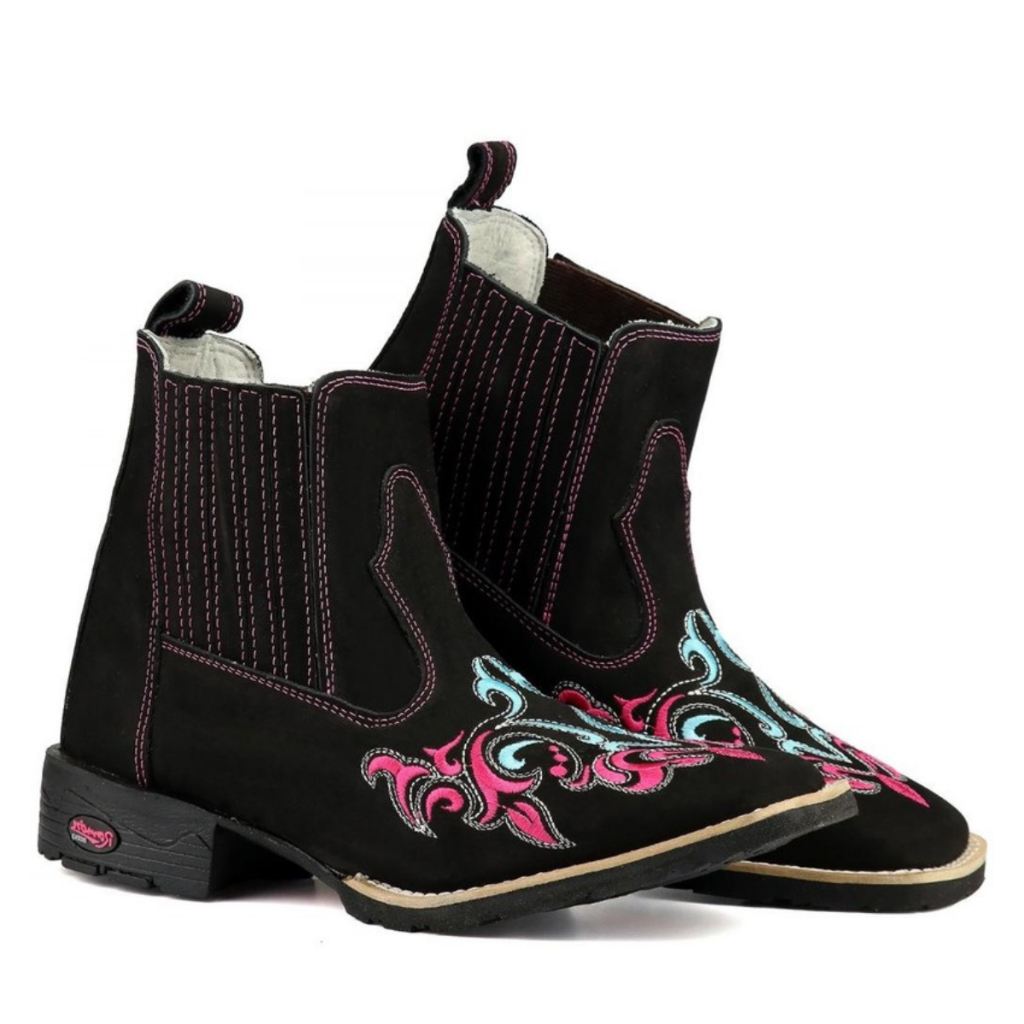 Botina Texana Couro Legítimo Preto Bordado Étnico Rosa Azul Solado Borracha Costurado Bico Quadrado