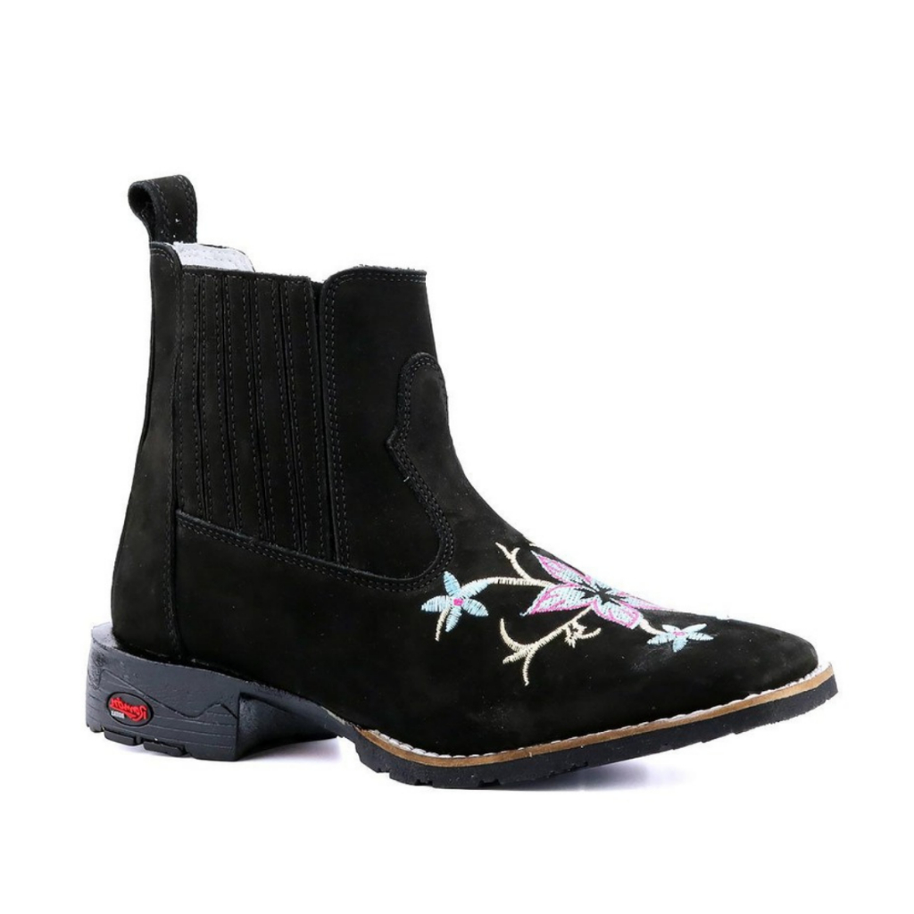 Botina Texana Couro Legítimo Preto Bordado Flor Rosa Confort Solado Borracha Costurado Bico Quadrado