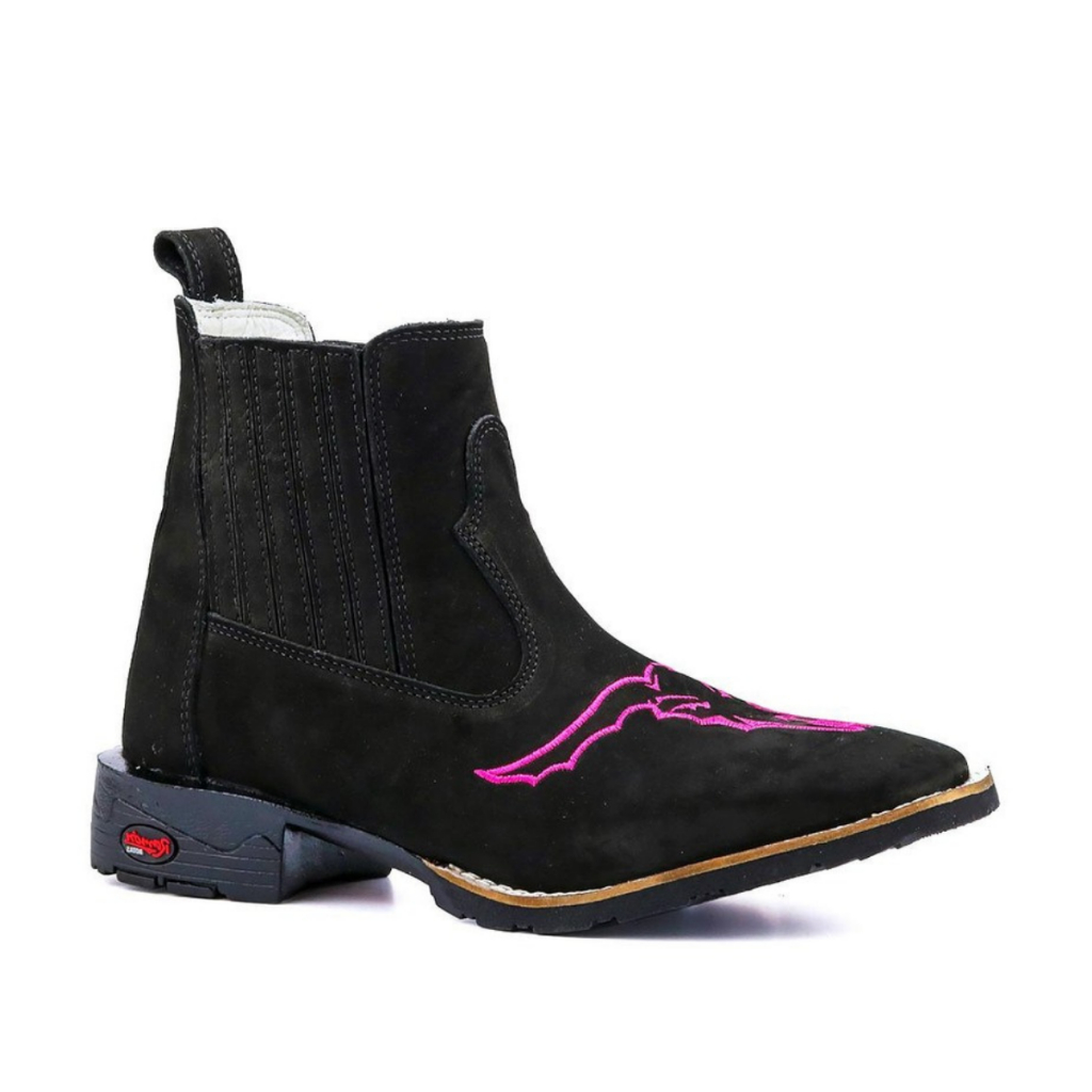 Botina Texana Couro Legítimo Preto Bordado Lobo Rosa Confort Solado Borracha Costurado Bico Quadrado