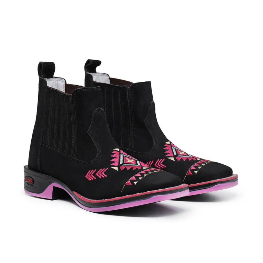 Botina Texana Couro Legítimo Preto Geométrico Rosa Jump Solado Borracha Costurado Bico Quadrado