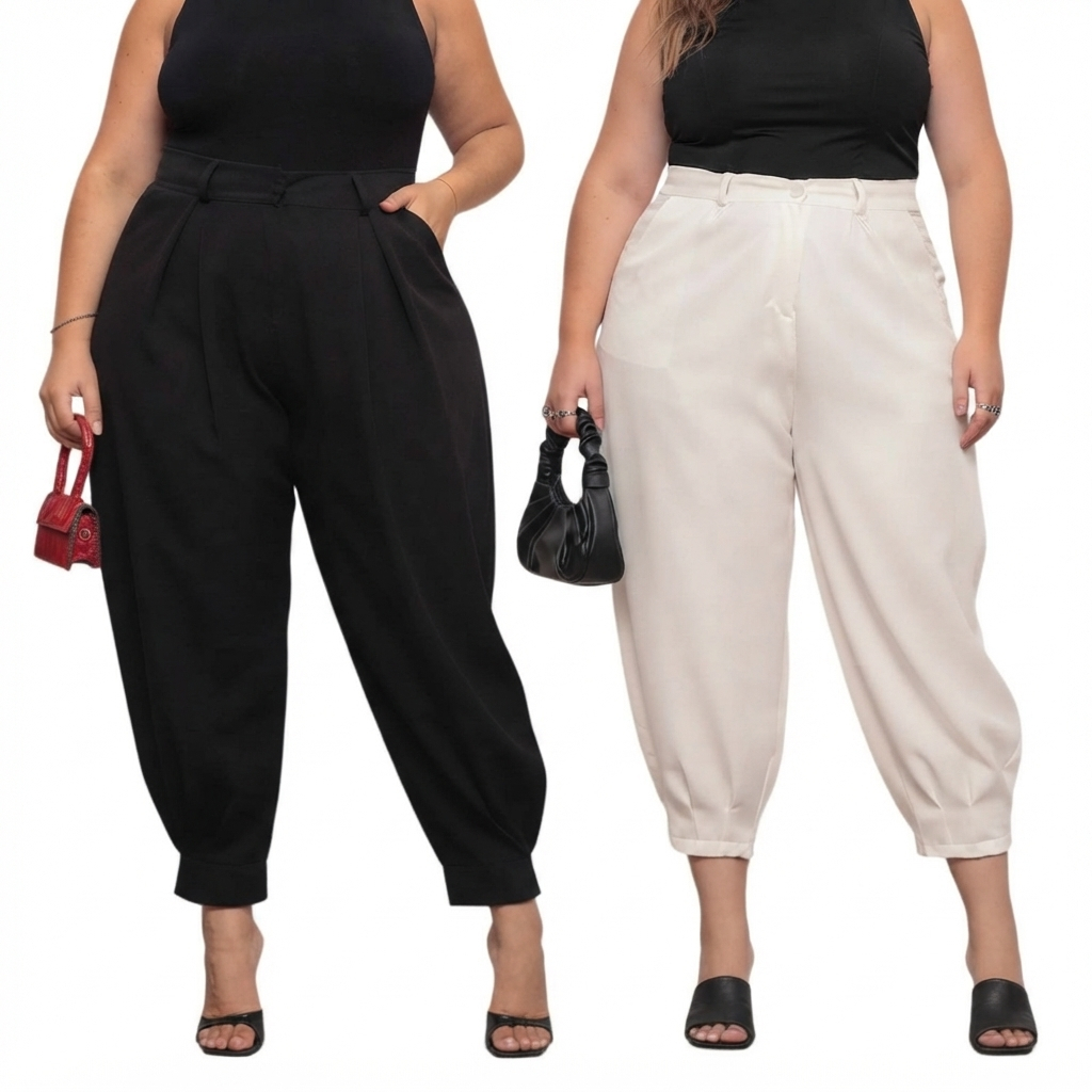 Kit 2 Calça Feminina Social Alfaiataria Plus Size G1 a G3 Slim Modelo Cenoura Ziper Na Barra