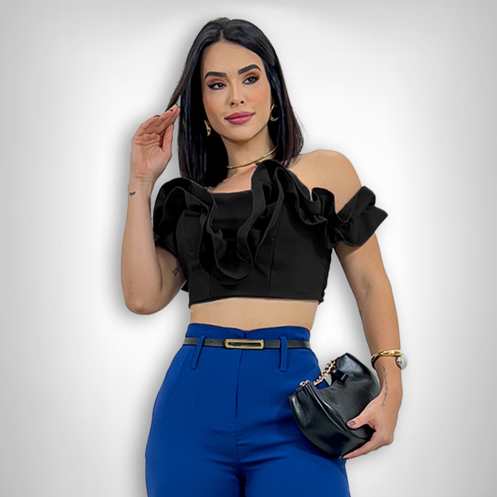 Cropped Feminino Ciganinha Babado Alfaiataria Elegante