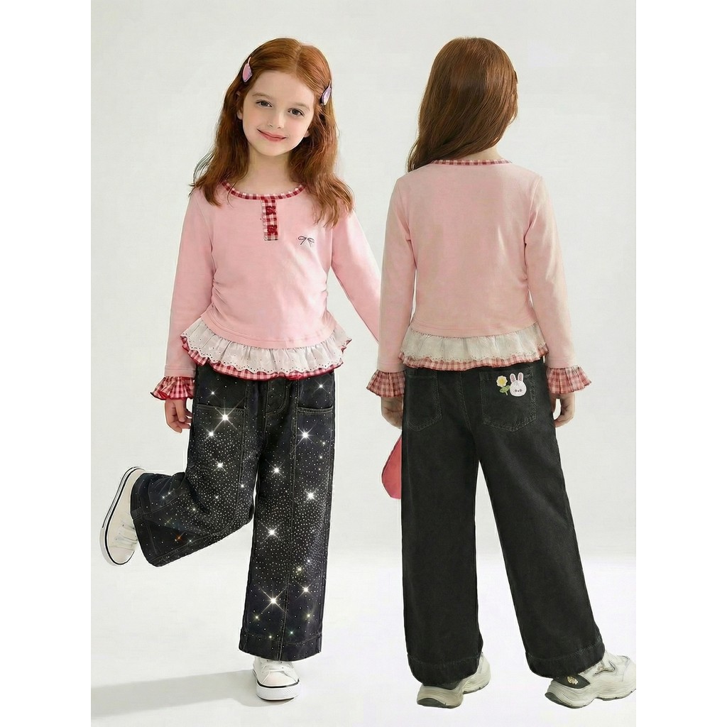 Jeans Folgados De Cristal Preto Y2K Streetwear Meninas Adolescentes Outono Inverno