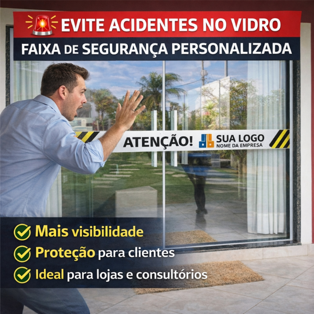 Faixa de Segurança para Porta de Vidro 100x15cm | Adesivo Personalizado  Evita Acidente