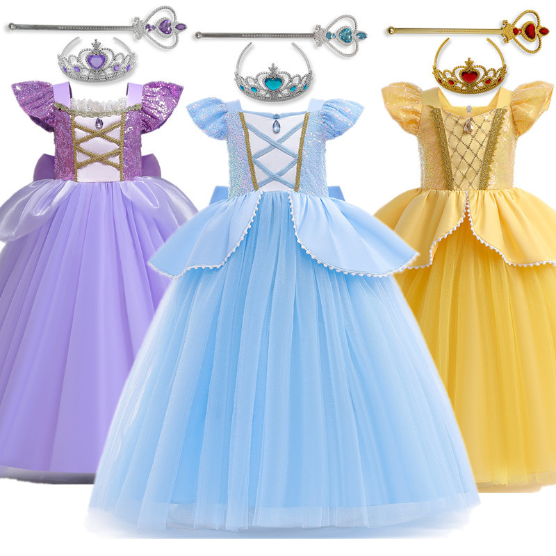 Girl Dress for Kid Halloween Princess Cosplay Costume for Birthday Party Gift Sequins Mesh Clothing 4-10Yrs Girls Dress