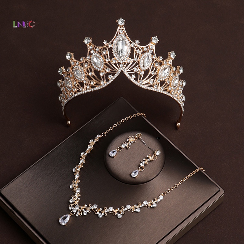 UERM Baroque Gold Crystal Crown Necklace Princess Tiara Headband Queen Birthday Wedding Party Jewerly Set Gift new