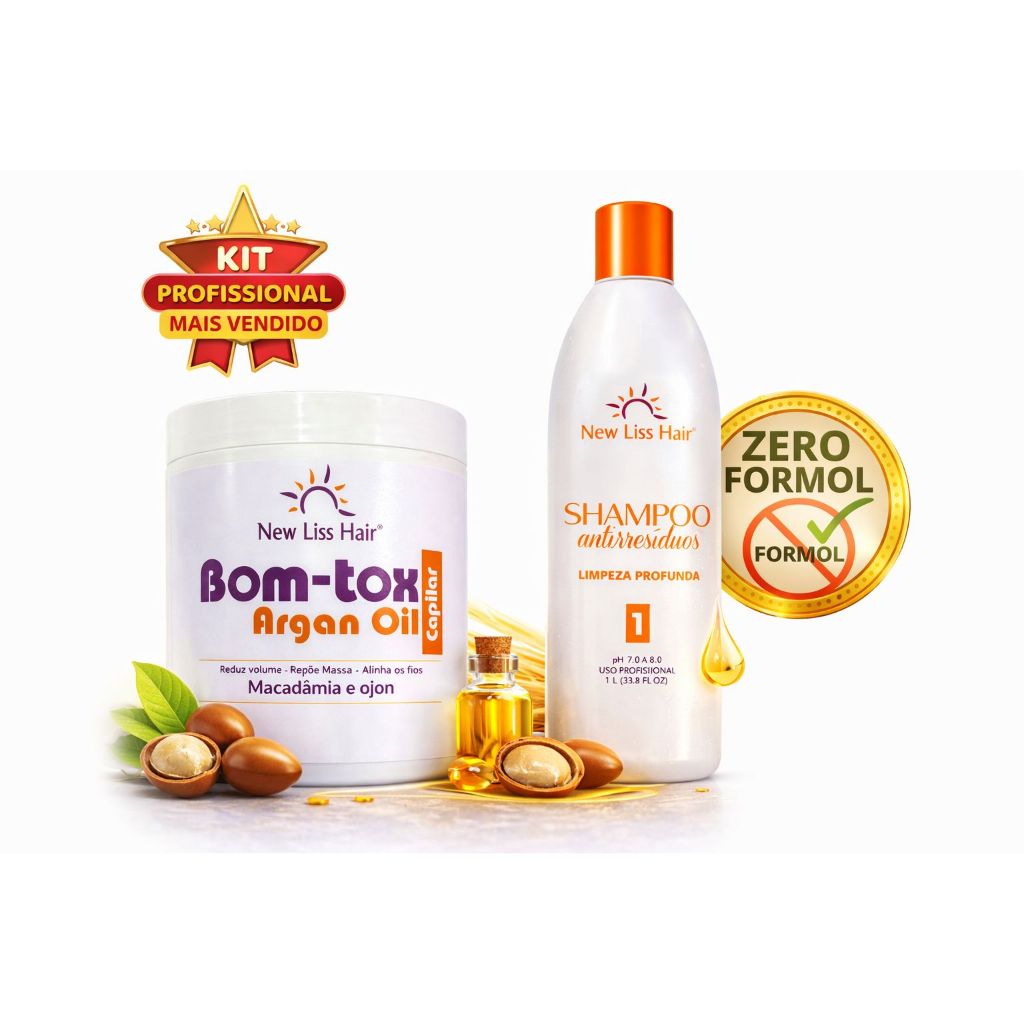 kit Bom-tox Capilar Argan Ojon ZERO FORMOL 1kg New Liss Hair Reduz 100% + SHAMPOO limpeza 1L