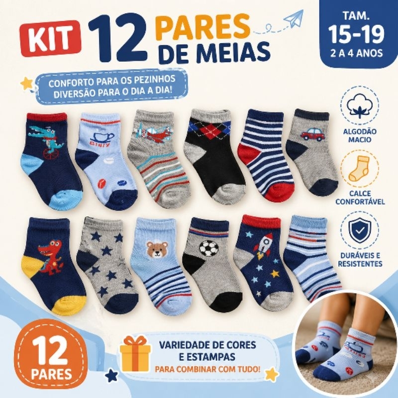 Kit 12 Pares Meias Infantil Tam 15 -19 Meninos Bom Meias