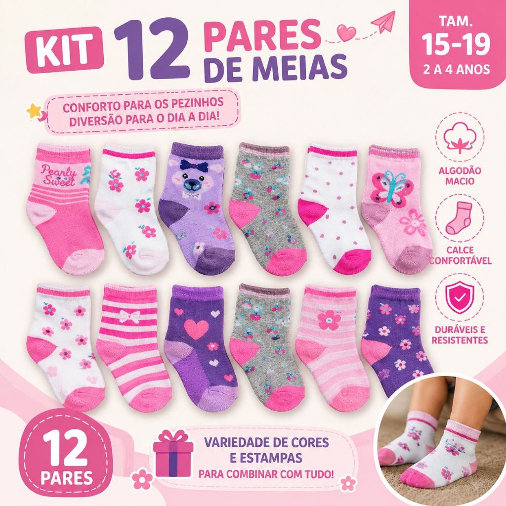 Kit 12 Pares de Meias Infantis Menina Tamanho 15-19 Estampadas 2 a 4 Anos