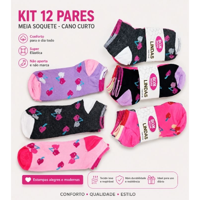 Kit 12 Pares Meias Soquete Feminina Cano Curto Estampadas Confortáveis Sortidas