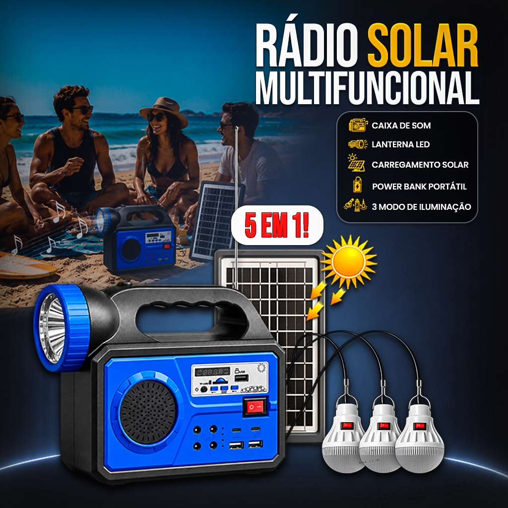 Rádio Solar Multifuncional 5 em 1 Bluetooth FM Power Bank Lanterna LED Painel Solar 3 Lâmpadas