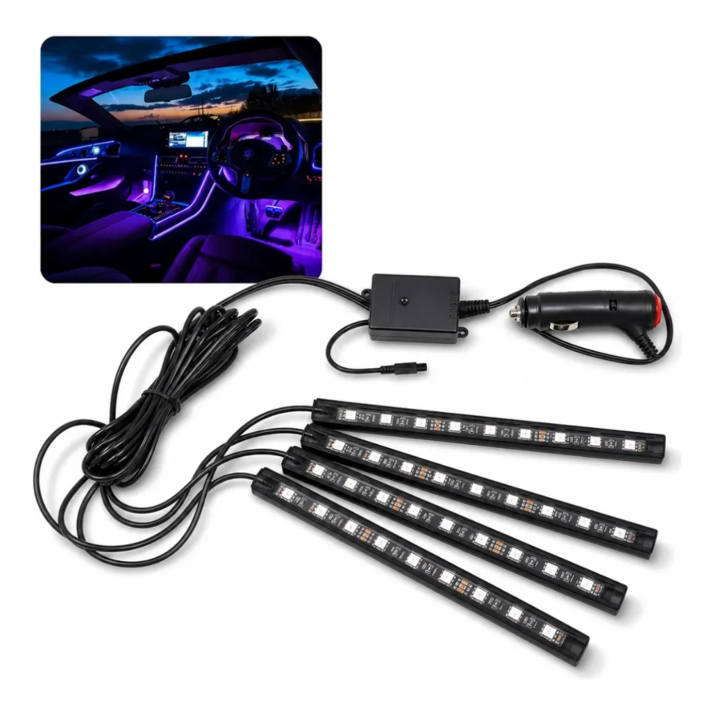 Kit Barrinha Fita 9 Leds Rgb Luz Interna Painel Carro Controle Por Bluetooth Via Aplicativo