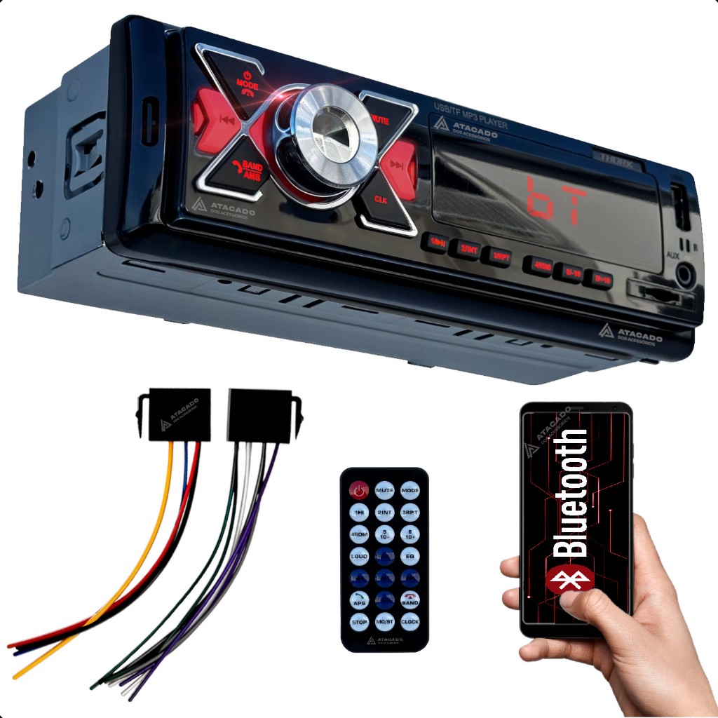 Som automotivo MP3 Radio FM bluetooth toca musica pen drive SD painel luz de LED