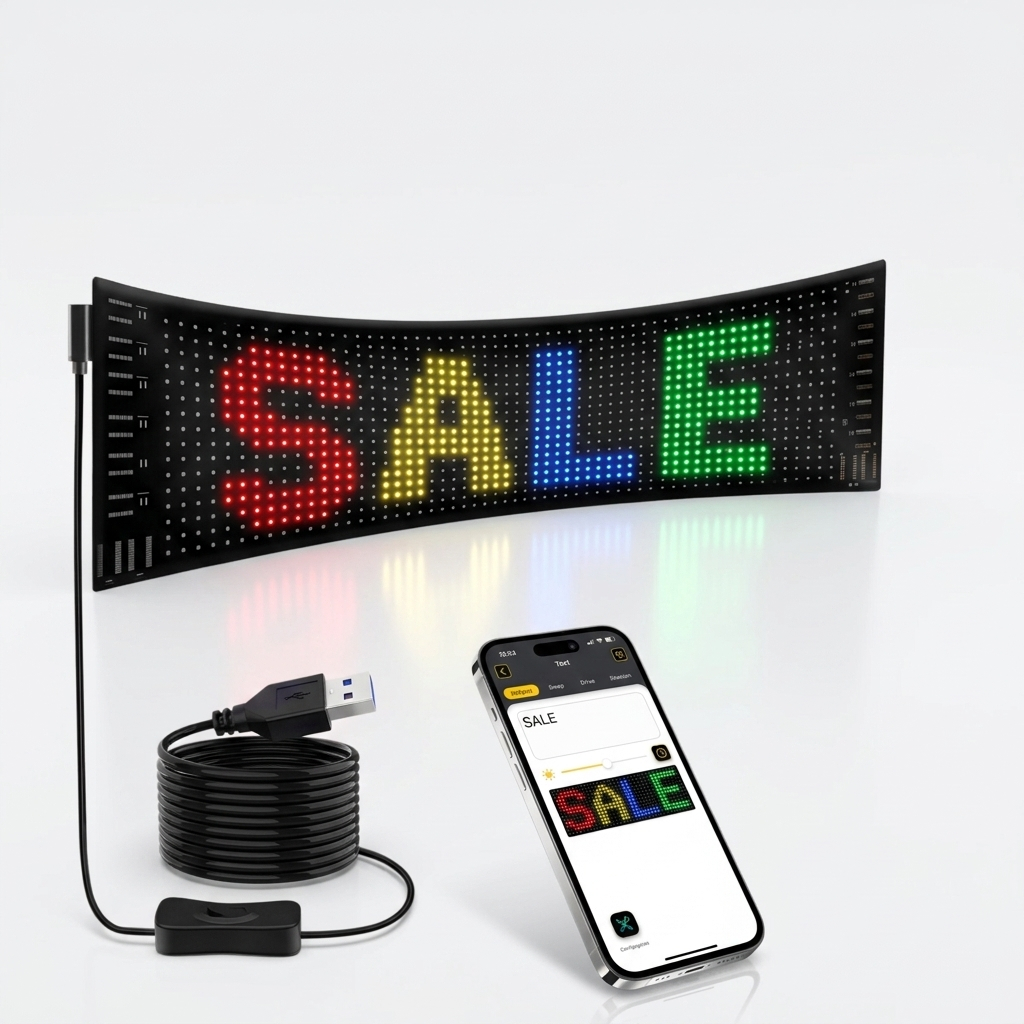 Tela Matriz De Led Flexível Colorida RGB Textos Desenhos Emojis Painel Inteligente Bluetooth USB Para Veiculos E Lojas