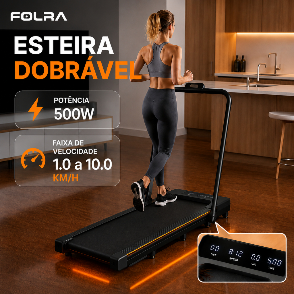 Esteira Elétrica Ergométrica FOLRA Dobrável Para Casa Com Painel LED E Bluetooth 1-10 Km/h Portátil