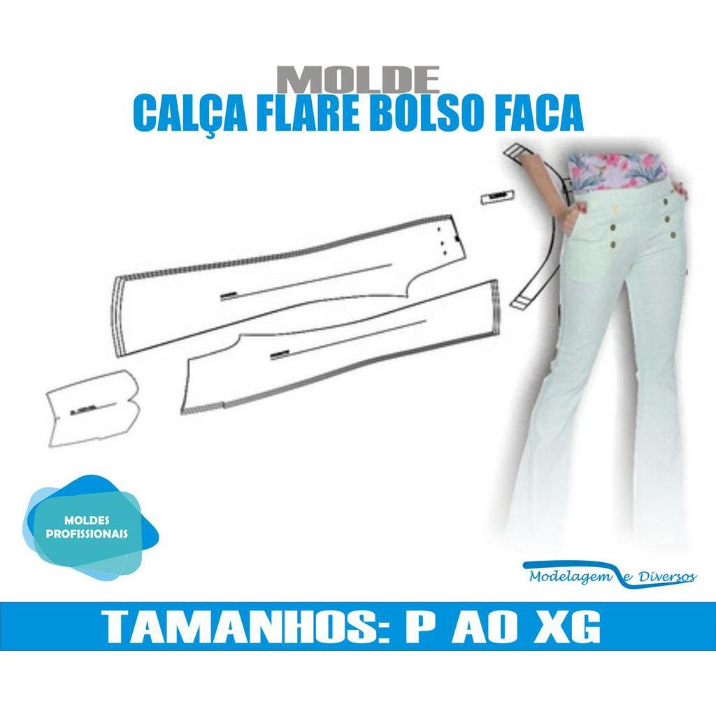 Molde Calça Flare Bolso Faca inverno, Modelagem&Diversos, Tamanhos P ao G