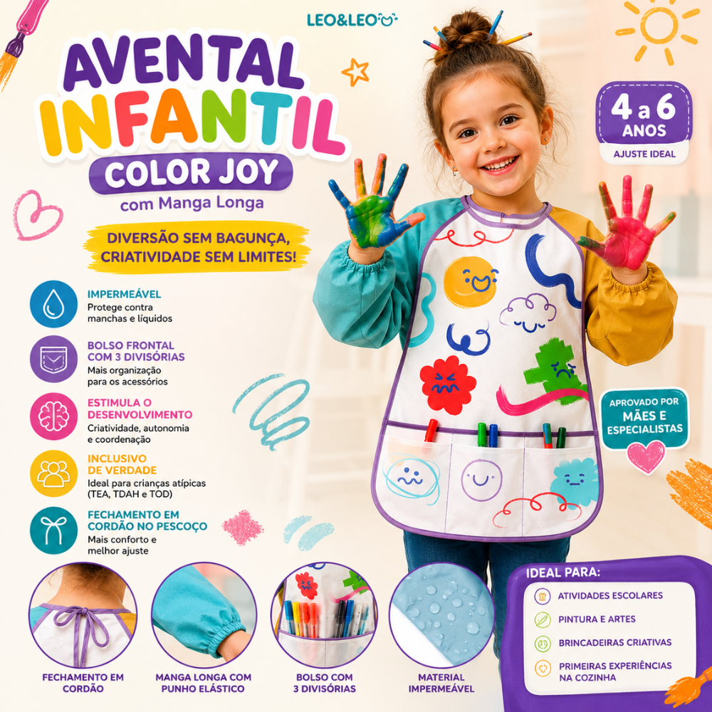 Avental Infantil Manga Longa Impermeável com Bolso 3 Divisórias Escolar Pintura Cozinha Artes Criança Color Joy