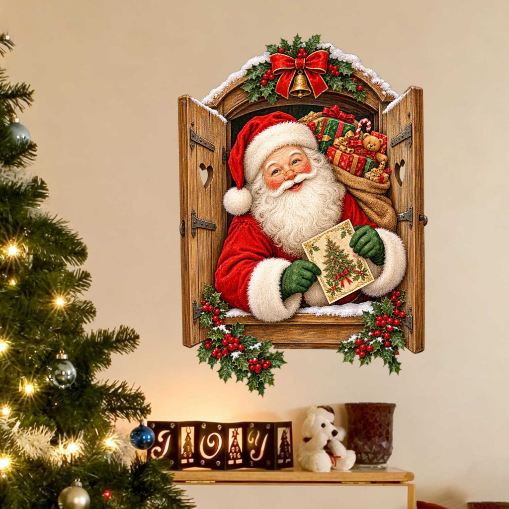 Christmas Window Clings Santa Claus Wall Decals 3d Sticker Vintage Through Wooden Decal Removable Peel and Stick Holiday