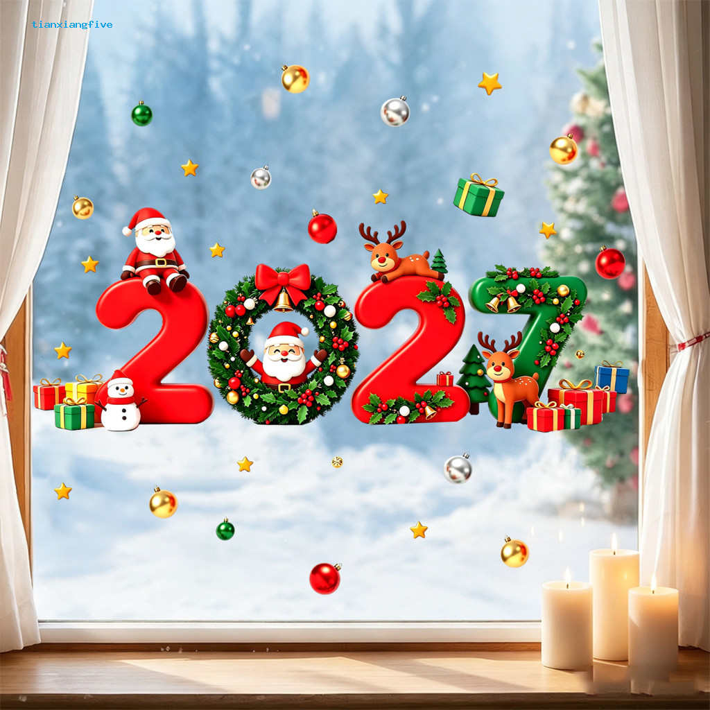Holiday Party Decorations 2027 Christmas Window Clings Santa Reindeer Gift Ball Static Decals Removable Pvc Glass Sticke
