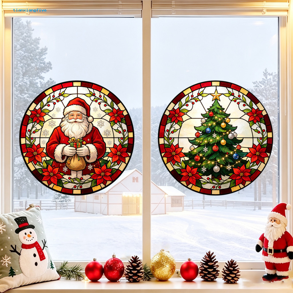 Christmas Static Window Clings Santa Claus Glass Stickers Sticker Round Stained Style Removable Cling Pvc Decal Tree for