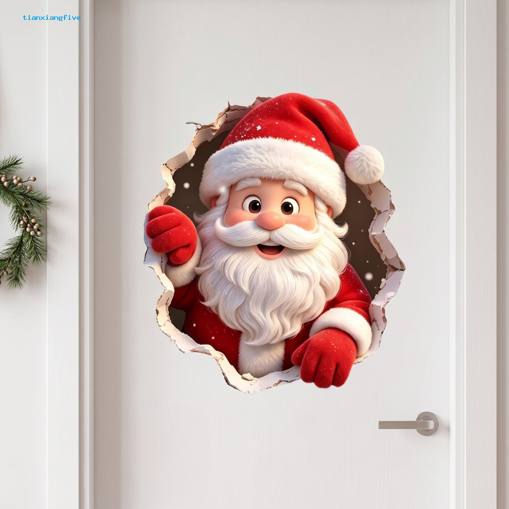 Removable Christmas Wall Decals Festive Murals for Bedroom 3d Santa Claus Stickers Self-adhesive Pvc with Realistic Crac