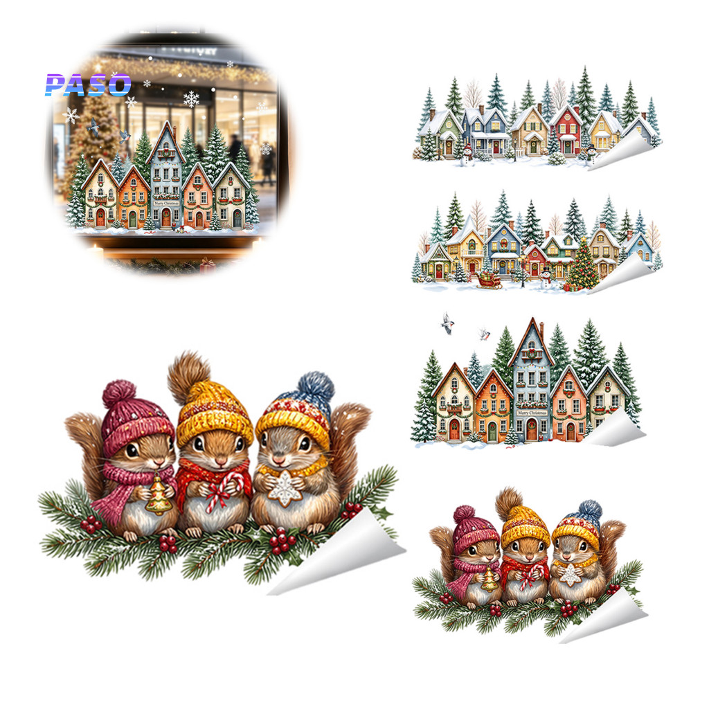Static Window Clings Winter Home Decor Christmas Pvc Stickers – Removable Snowflake Snowman Squirrel House Decals for