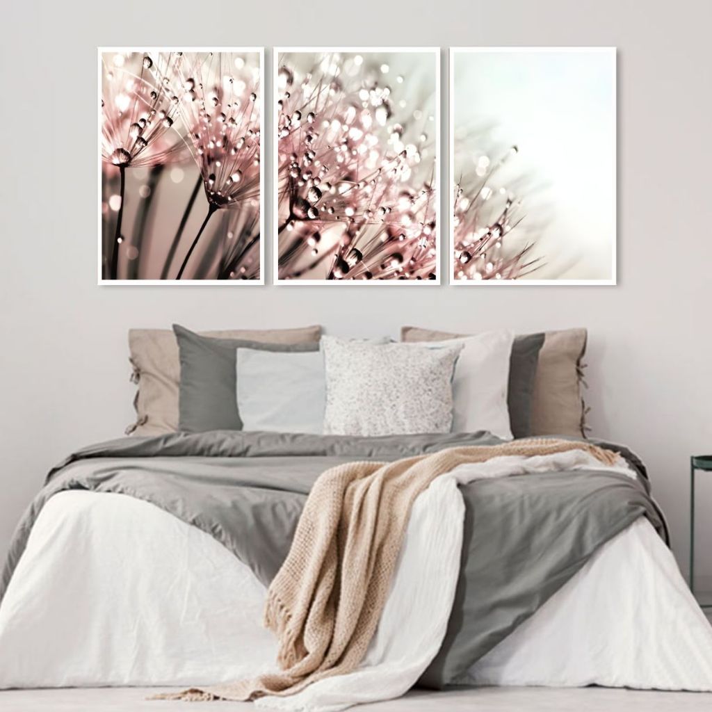 Trio de Quadros Flor Dente de Leão Tons de Rosa Moldura Caixa TokQuadros