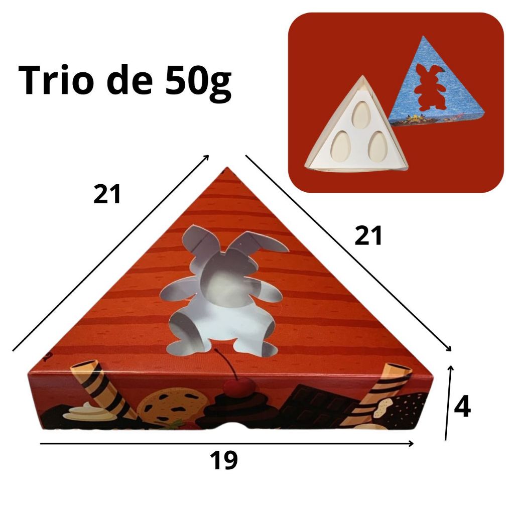 10 Caixas Para Ovo de Colher Trio de 50g Embalagem em Formato de Triangulo Com Visor de Coelho em Acetato.