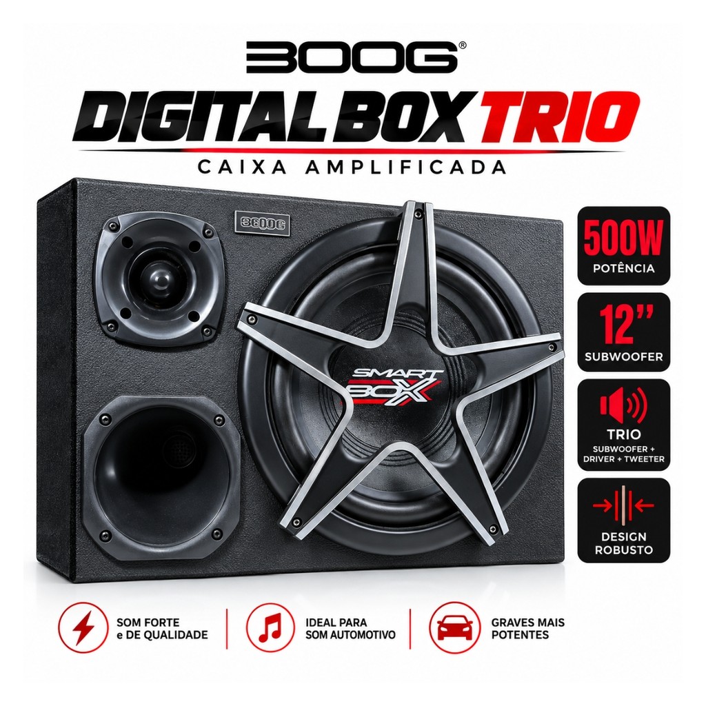 CAIXA AMPLIFICADA BOOG DIGITAL BOX TRIO 500W SUBWOOFER 12 POLEGADAS SOM AUTOMOTIVO