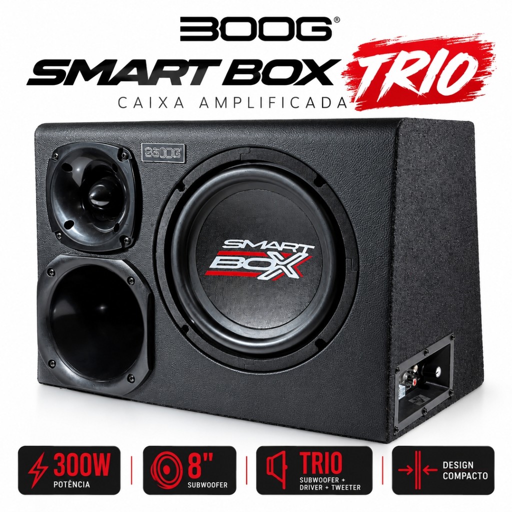 CAIXA AMPLIFICADA BOOG SMART BOX TRIO 300W RMS SUBWOOFER 8 POLEGADAS SOM AUTOMOTIVO