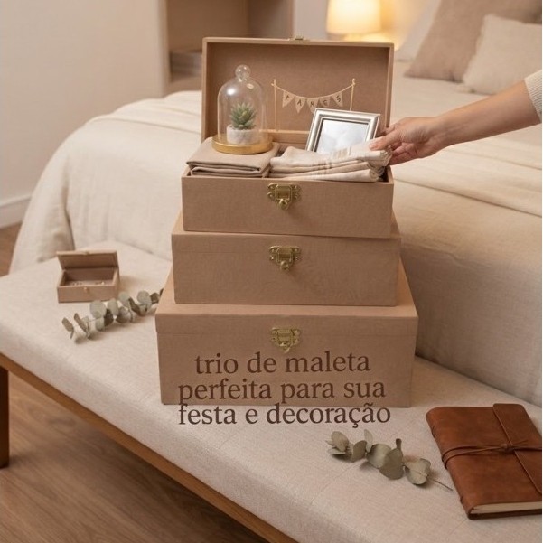Kit Trio Maleta Baú MDF Organizadora Com Fecho Metal