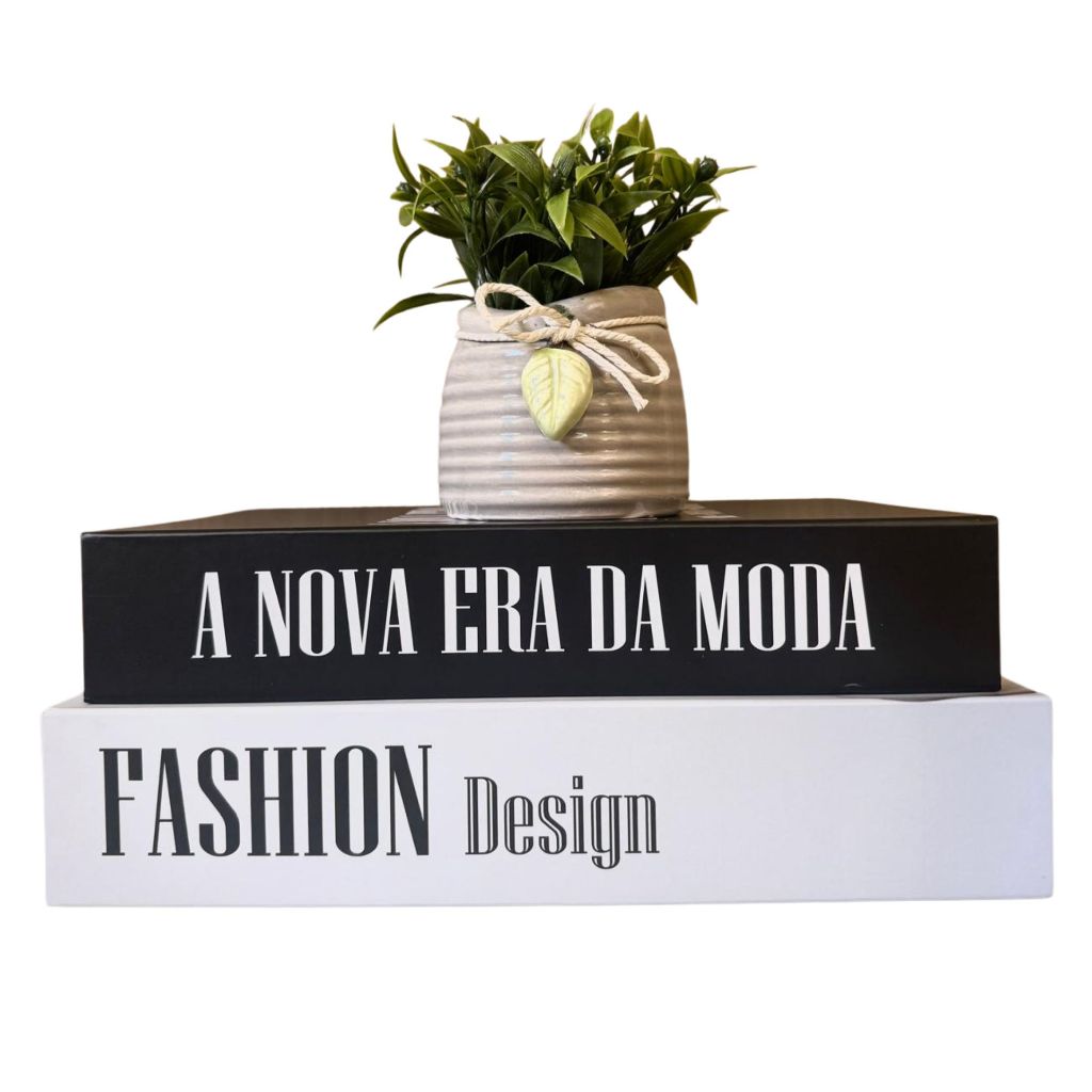 Kit trio decoração livros caixa e vaso cinza cerâmico com planta