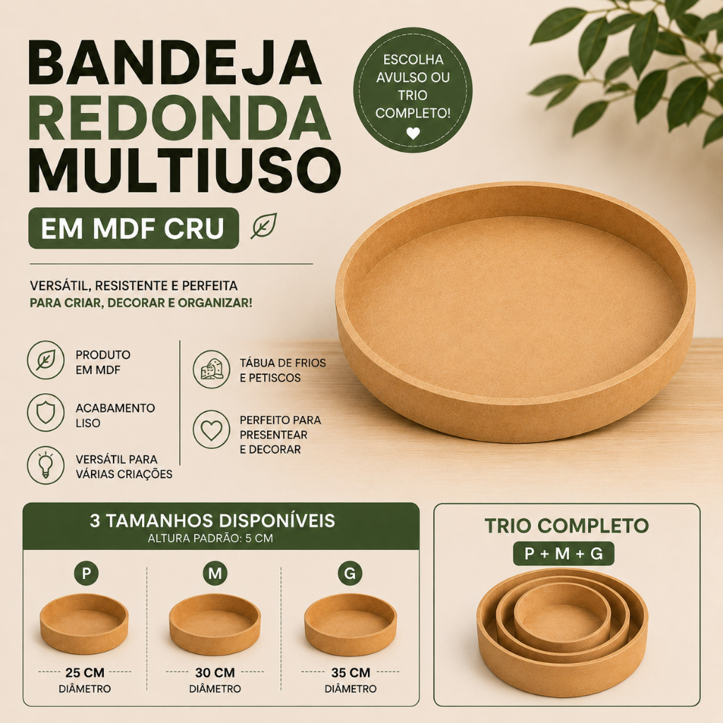 Bandeja Redonda MDF Cru Cesta Café da Manhã Frios Decorativa Caixa Artesanato Floricultura Festa Multiuso Presente